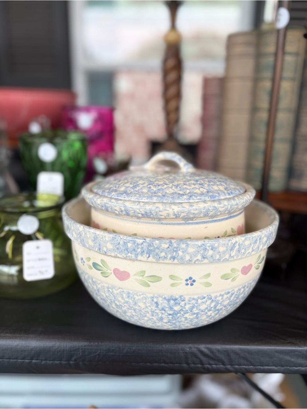 Country-Style Blue Speckle Covered Pottery Canister & Mixing Bowl